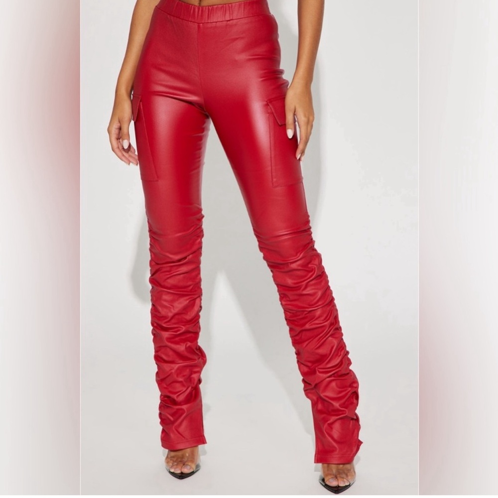 Fashionova-Red Faux Leather Ruched Pants